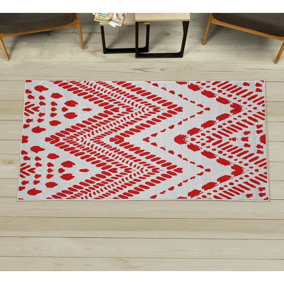 Chevron Decorative Rug, Hand Drawn Aztec Pattern Primitive Clan Motif with Dashed Lines Artwork, Quality Carpet for Bedroom Dorm and Living Room, 6 Sizes, Red White, by Ambesonne
