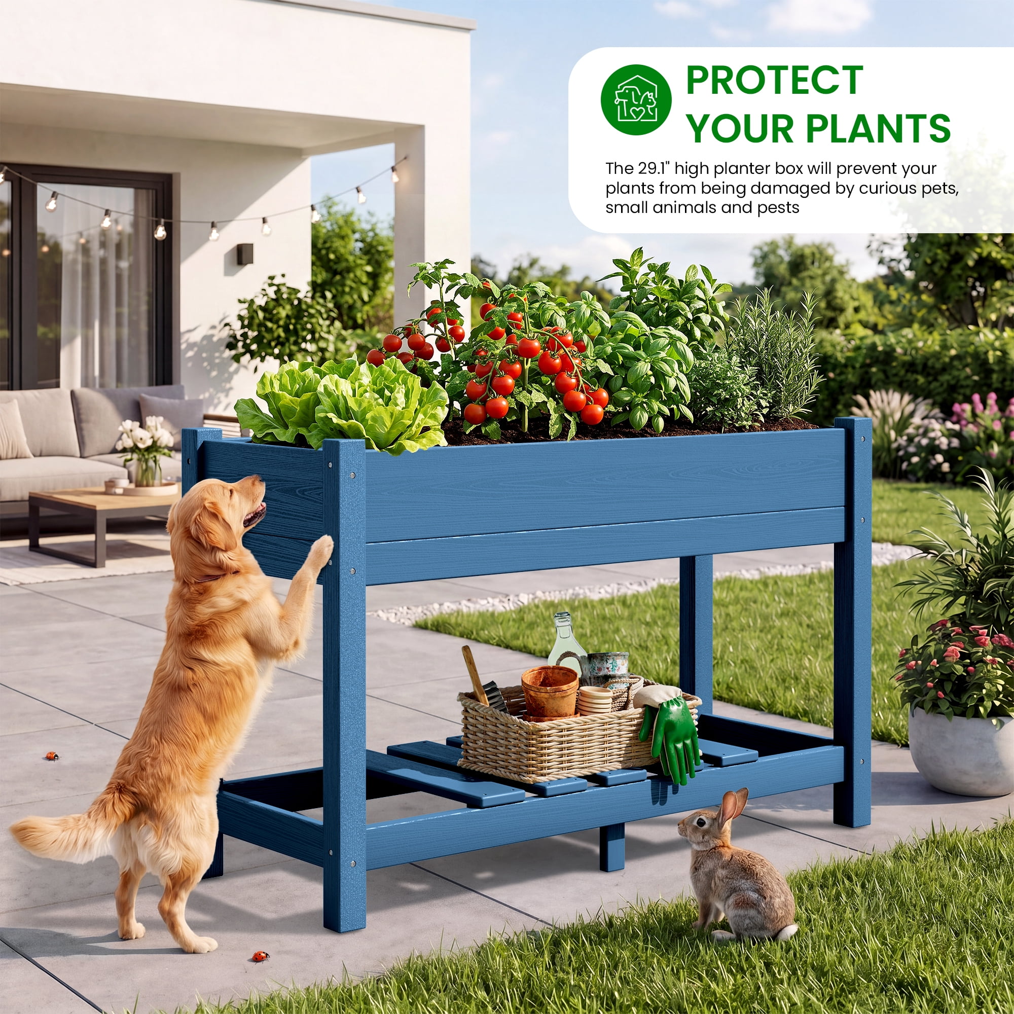 SERWALL HDPE Raised Garden Bed with Legs, 43"x16"x30" Elevated Planter Box, Outdoor Planter for Vegetables Flowers, Blue