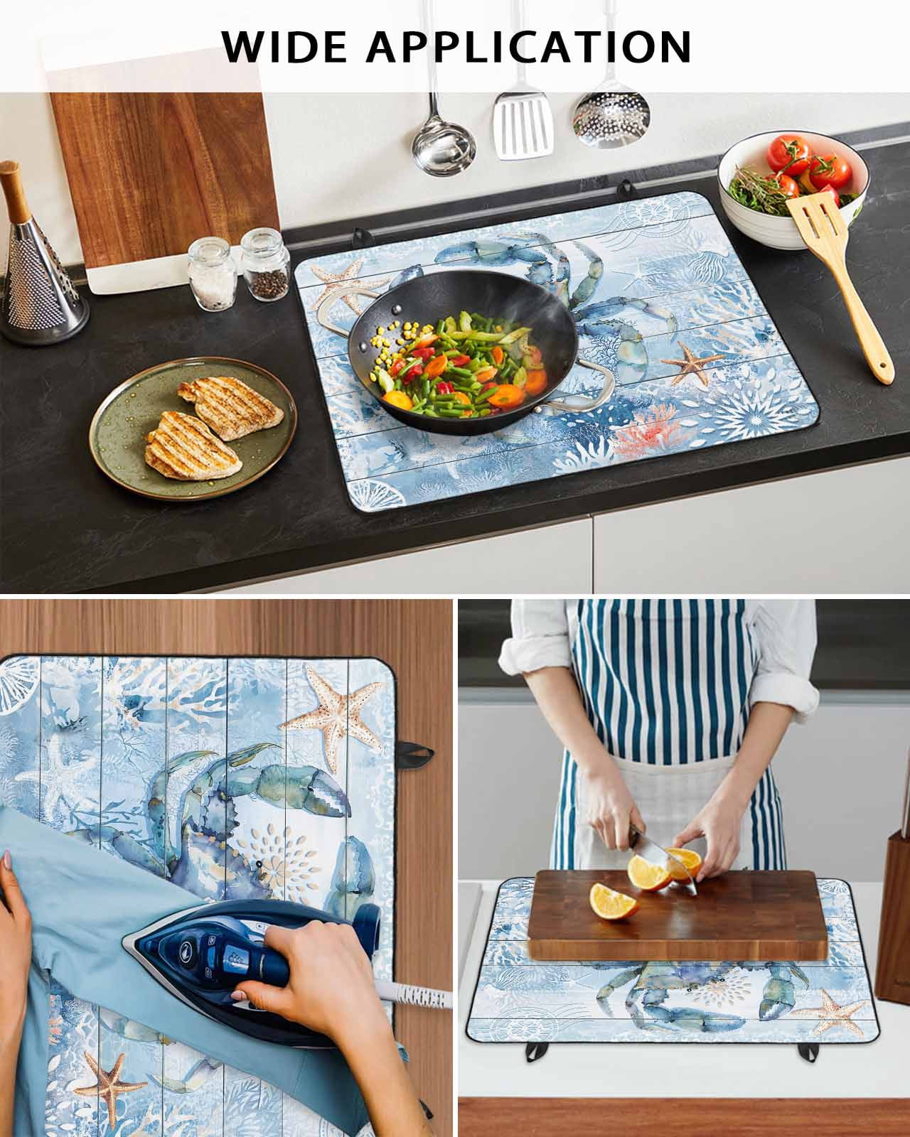 nqOlkjepod Large Induction Cooktop Protector Mat 31"x24", Coastal Blue Crab Stove Top Covers for Electric Stove, Ocean Nautical Starfish Coral Wooden Stove Burner Cover Mats, Glass Top Stove Cover