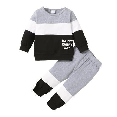 

Baby Boys Clothes Letter Print Long Sleeve Splice Top +Splice Pants 2Pcs Outfits Set 9-12 Months Gray
