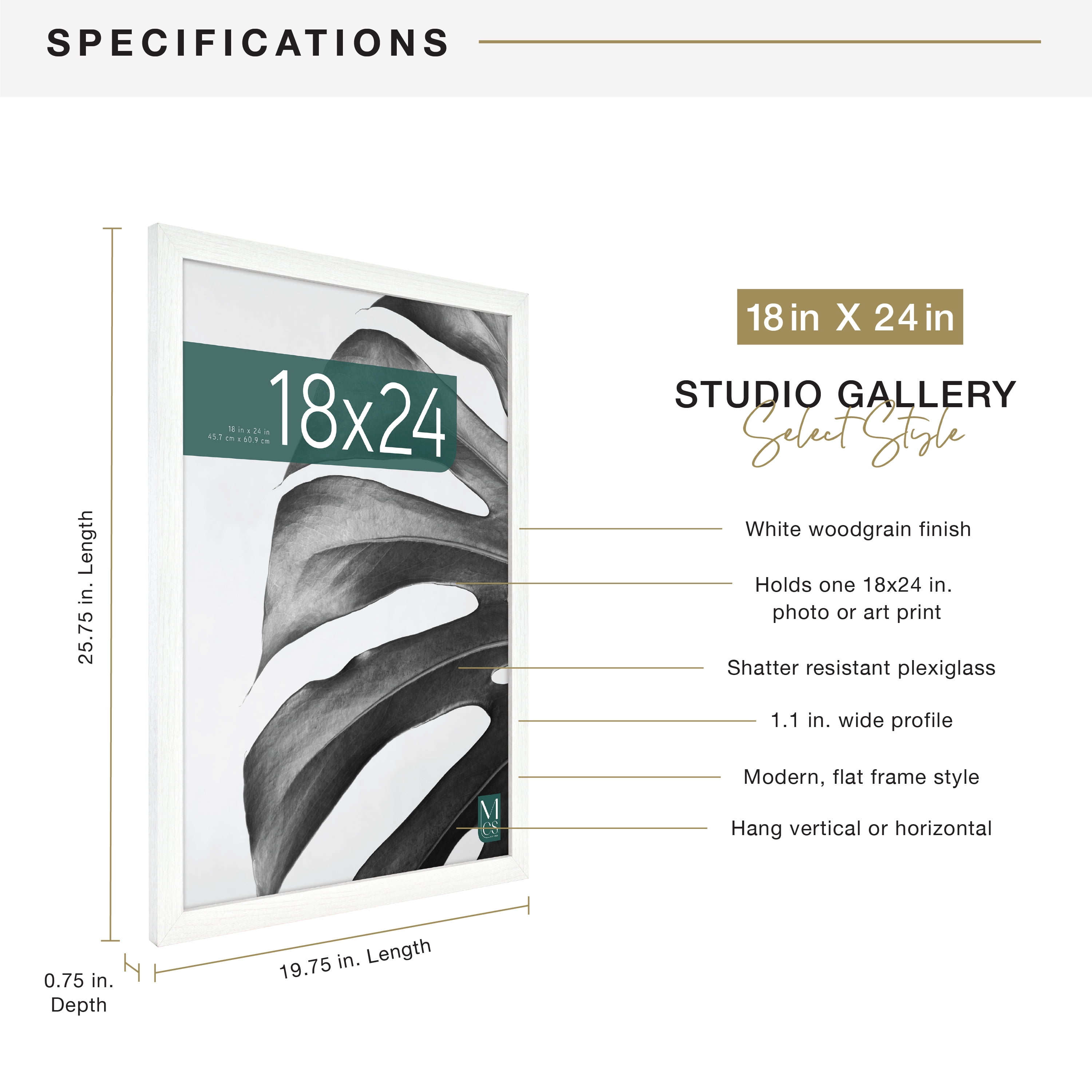MCS Studio Gallery 18x24 Poster Frame White Woodgrain Engineered Wood, Vertical & Horizontal Wall Hanging Large Picture Frame for Photos, Posters & Art Prints (1-Pack)
