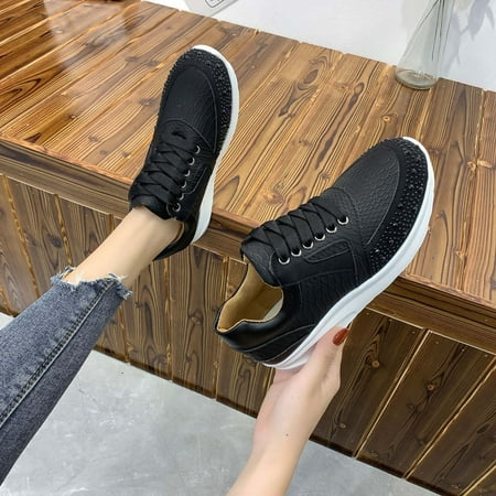 

Women Shiny Lace Up Sneakers Rhinestone Flat Heel Casual Running Shoes Round Toe Platform Shoes