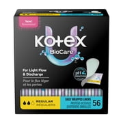Kotex BioCare Daily Panty Liners, Wrapped, Light Regular Length, 56 Count