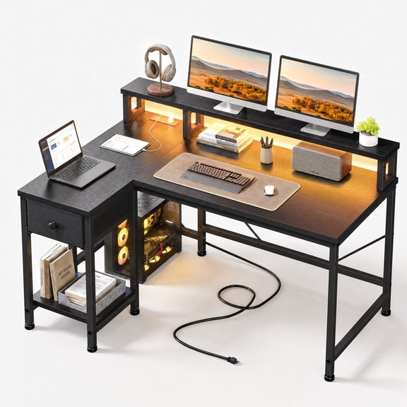 Romorgniz 40" L Shaped Computer Desk with Monitor Stand, Drawer & LED Lights, Carbon Steel & Wood Gaming Desk for Home Office, Corner, Black