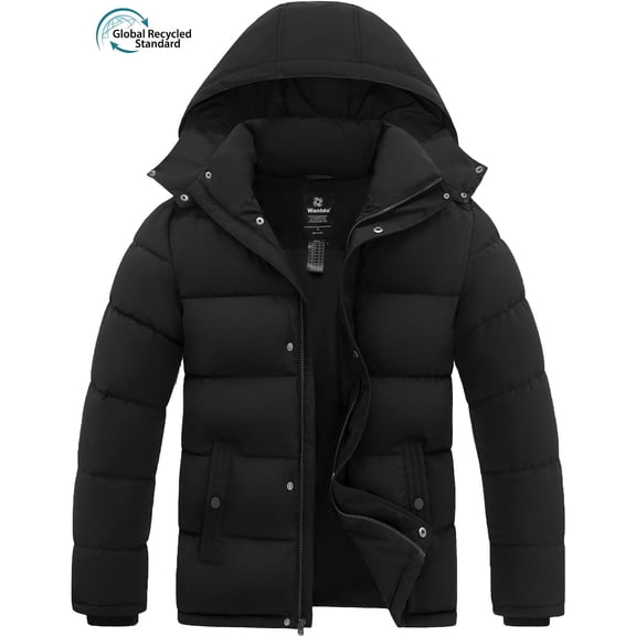 Wantdo Men's Recycled Winter Coat Warm Quilted Winter Jacket Recycled Puffer Jacket with Removable Hood Black L