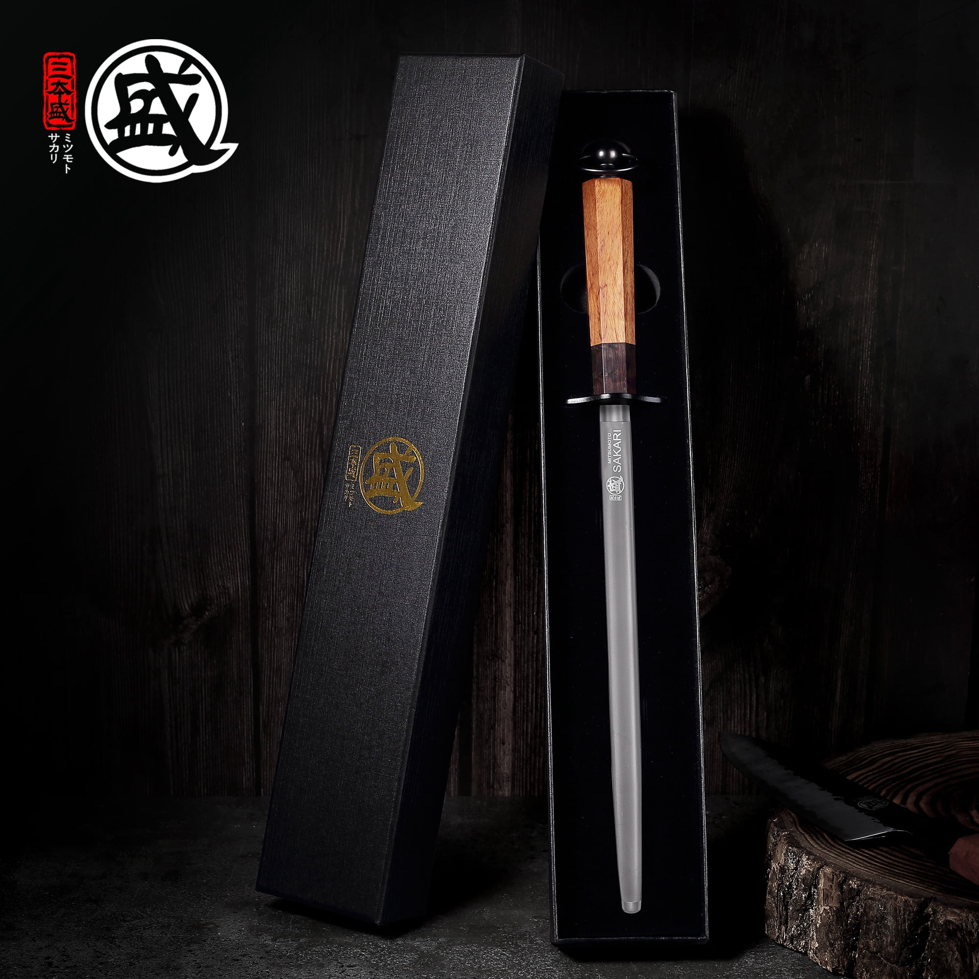 MITSUMOTO SAKARI 10 inch Japanese Knife Sharpening Honing Rod, Professional Kitchen Knife Sharpener, Japanese High Carbon Round Honing Steel (Sourwood Handle)