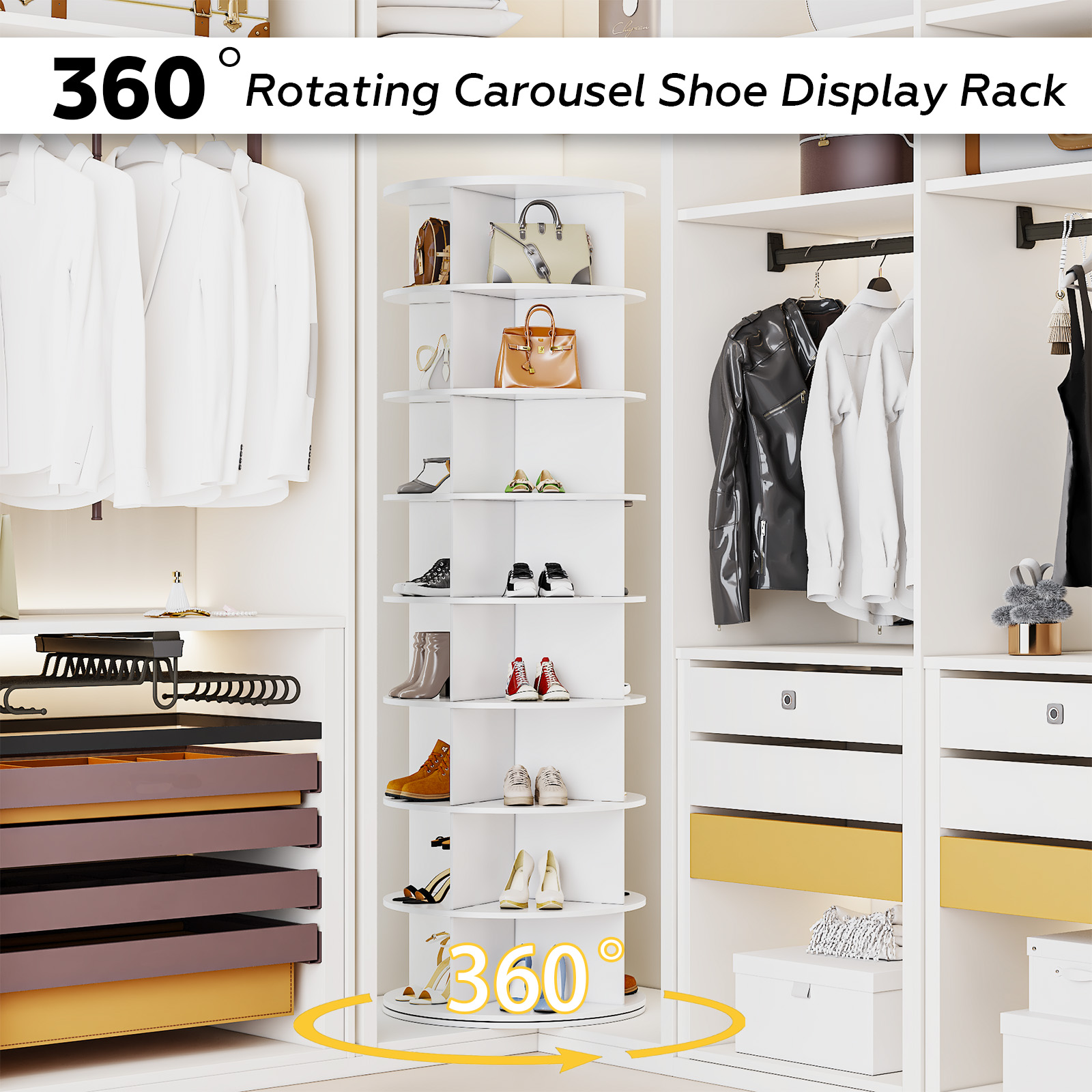 AECOJOY 8-Tier Rotating Shoe Rack, 360° Spinning Organizer for Closet Storage, White