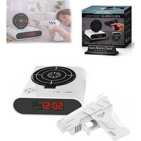 Gun and Target Alarm Clock, Digital LED Shooting Game Wake up Timer, Interactive Infrared Display, Custom Sound 2 Modes Desk Bedroom Office with Handheld Emitter 5v Fun Mornings(White)