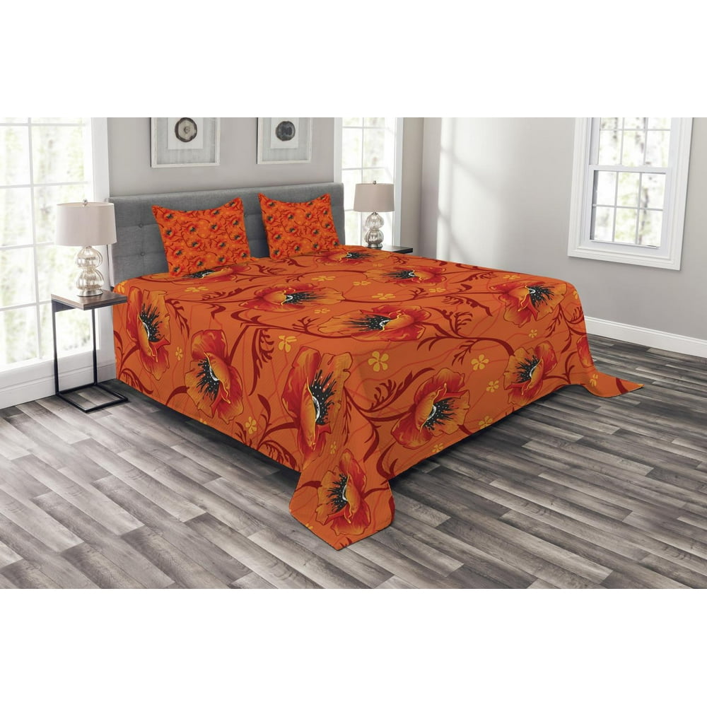 Orange Bedspread Set King Size, Poppy Flower Series Blossoms Romance