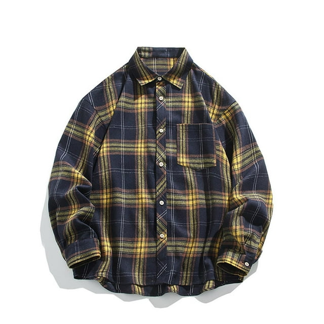 Blusa y camisa de manga larga con cuello vuelto para hombre, estilo informal, a cuadros, con bolsillos y botones, de licra