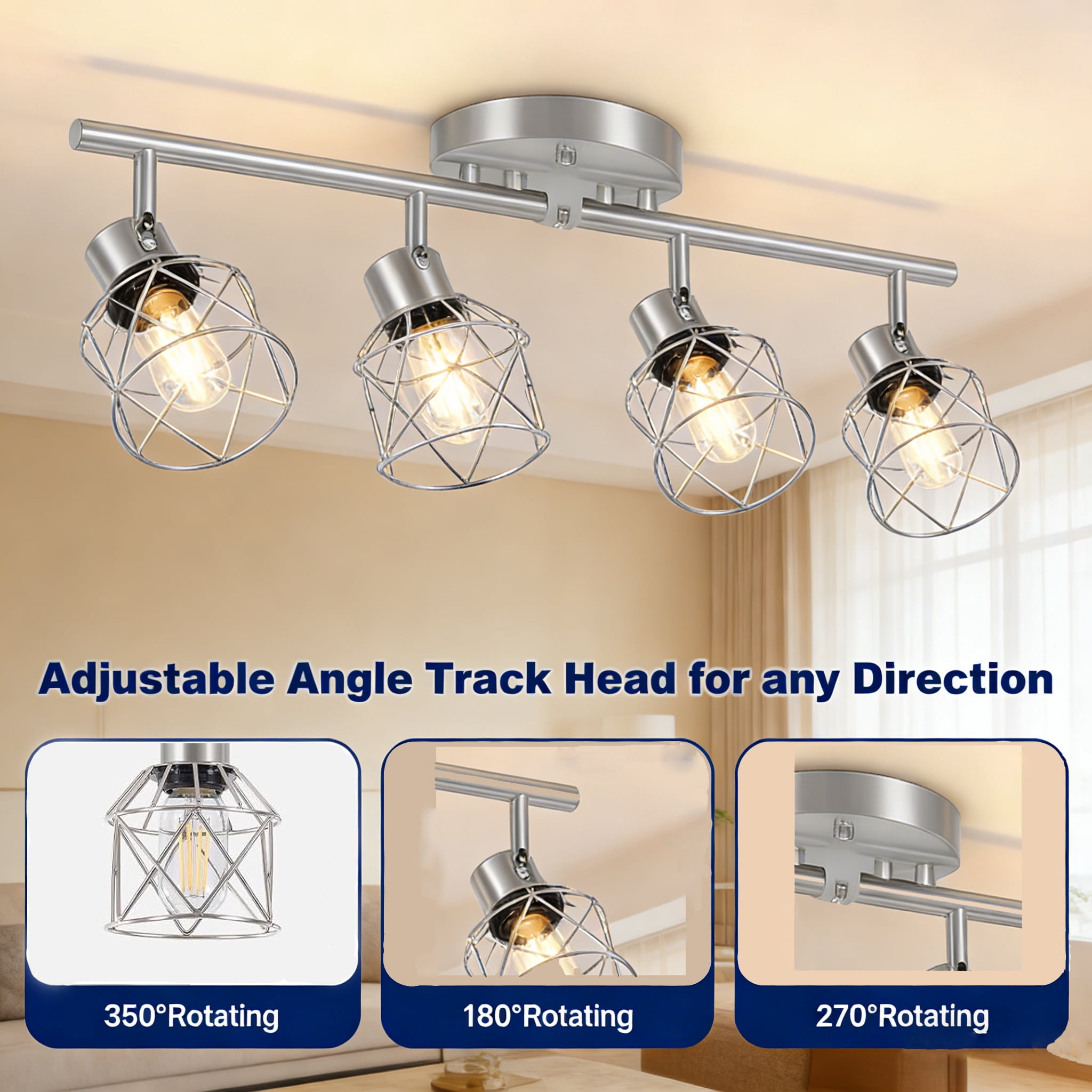 Adjustable Multi-Directional Brushed Nickel Light Fixtures, Semi Flush Mount Ceiling Light, Kitchen Light Fixtures Ceiling Mount, Geometric Metal Cage Industrial Spotlight Fixtures