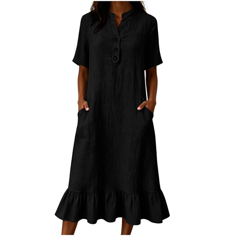 asdoklhq Women Dresses Blue Plaid Dress Cotton Trendy 1/2 Sleeve Half Sleeve Ladies Dress V-Neck Pocket Button Skirt Black 2X