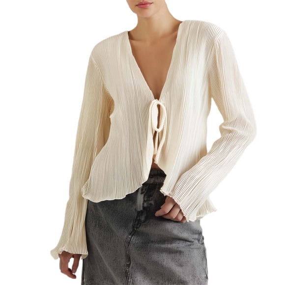 HUITKMM Women Tshirts Women's Summer Stylish Fitted Flare Long Sleeve Pleated French Shirt Blouse for Casual Wear