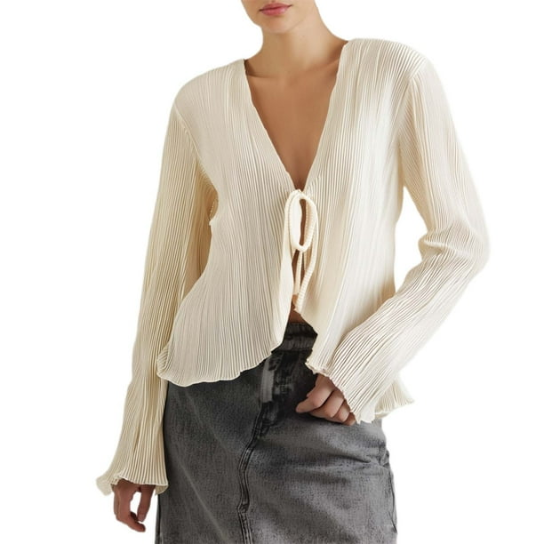 Blusa plisada ajustada con manga larga para mujer: elegante camisa francesa para ocasiones informales o de trabajo, poliéster, tallas S-L