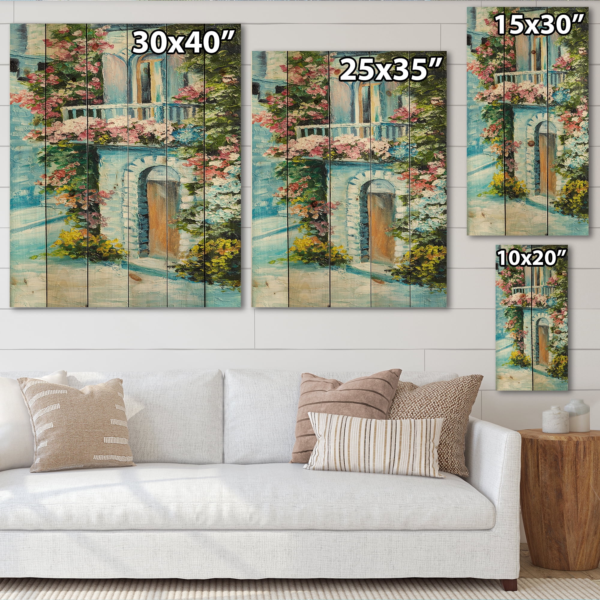 Designart 'House With Colorful Flowers Near The Sea II' Traditional Print on Natural Pine Wood