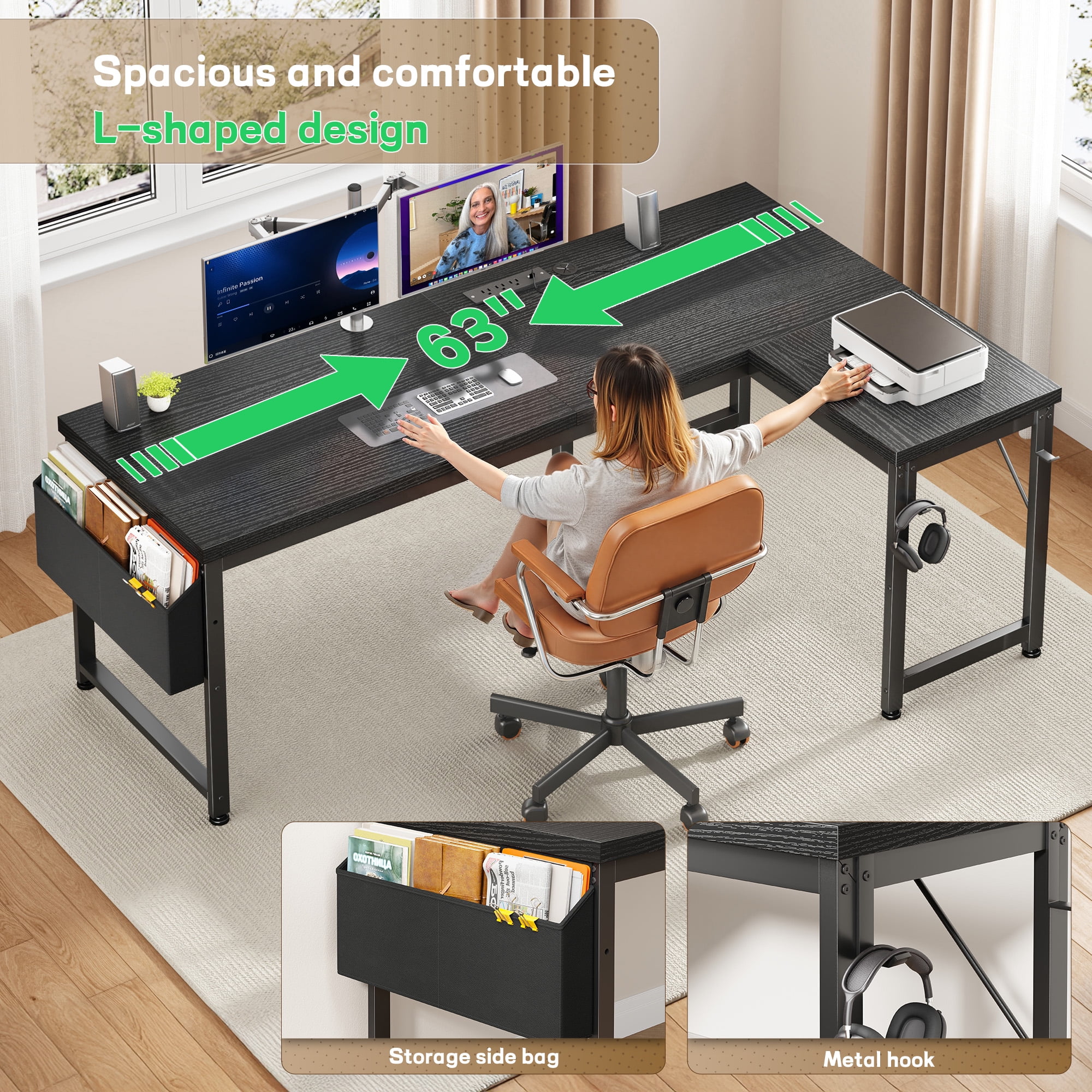 EnHomee L-Shaped Desk with Storage Reversible Gaming Desk with LED Lights Computer Desk with Storage Organizer,Black