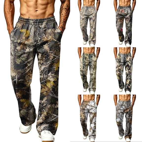 Mens Tree Camo Print Wide Leg Sweatpants Loose Fit Hunting Streetwear Joggers with Hand Pockets Camel M