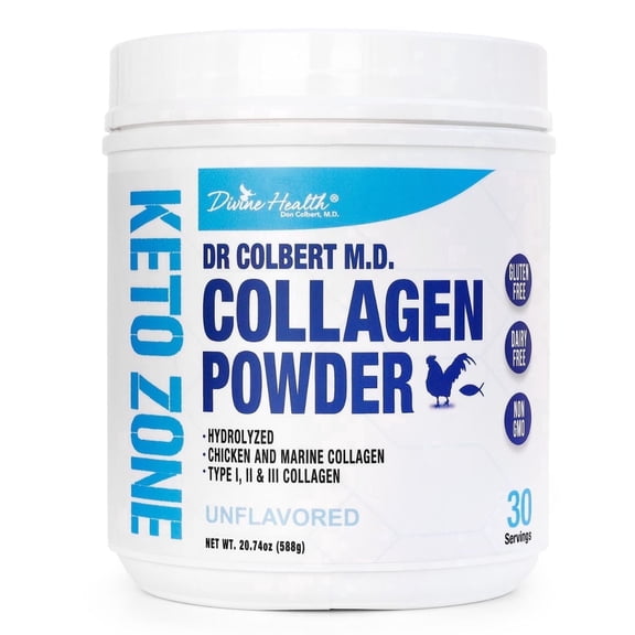 Dr. Colbert, MD Hydrolyzed Collagen Powder | Unflavored | by Divine Health | Type I, II, III Collagen | Support Healthy Hair, Skin, Nails and Joints | Keto Zone | 588g | 30 Servings