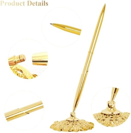 2 Pcs Gold Hollow Round Pen Holder Metal Pen Stand Holder Set Signing Pen Set Signing Desk Ballpoint Pens for Guest Book Wedding Birthday Party Graduation Teacher Office Business