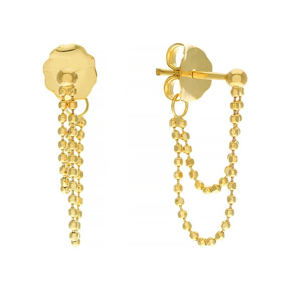 Honey Crush Real 14K Yellow Gold Diamond Cut Double Bead Chain Huggie Earrings (Length 18mm)