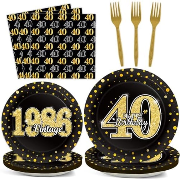 96PCS 40th Theme Birthday Party Tableware Vintage 1986 Party Supplies 40 Year Old Birthday Decorations Plates Napkins Forks Black and Gold Dinnerware Favors for Men or Women