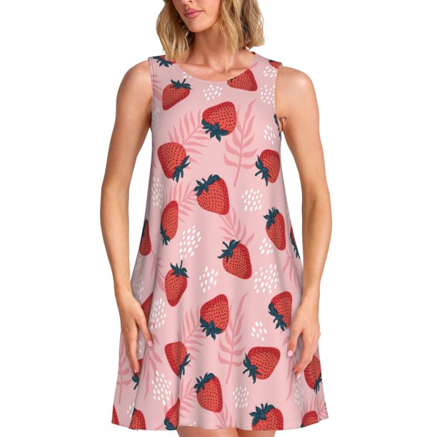 Fotbe Strawberries Vestido de Verano sin Mangas para Mujer – Vestido Midi Línea A, Estilo Camiseta Floral, Vestido Playero Casual y Fluido