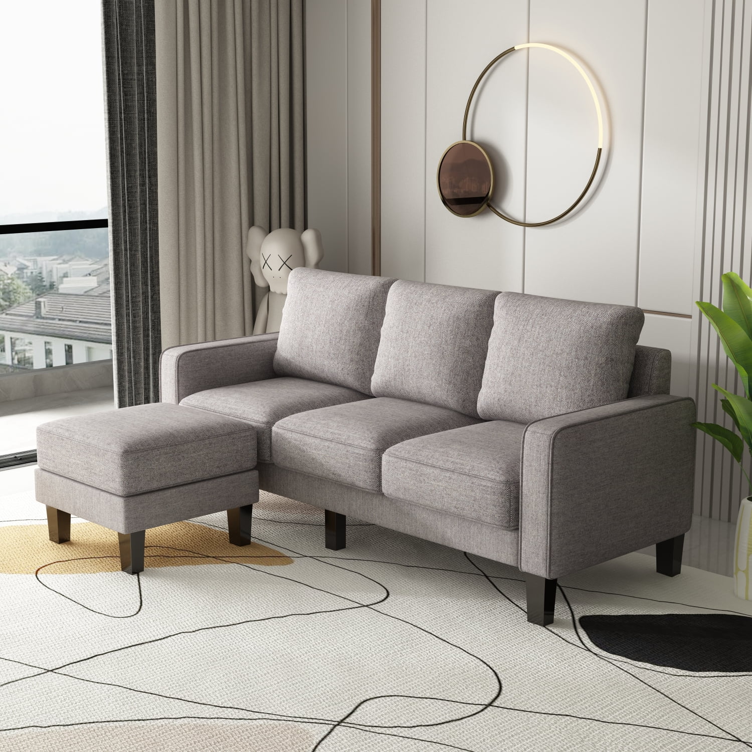 Clearance Sofa Set! Modern Living Room Furniture L Shape Sofa with Ottoman in Light Grey Fabric ...