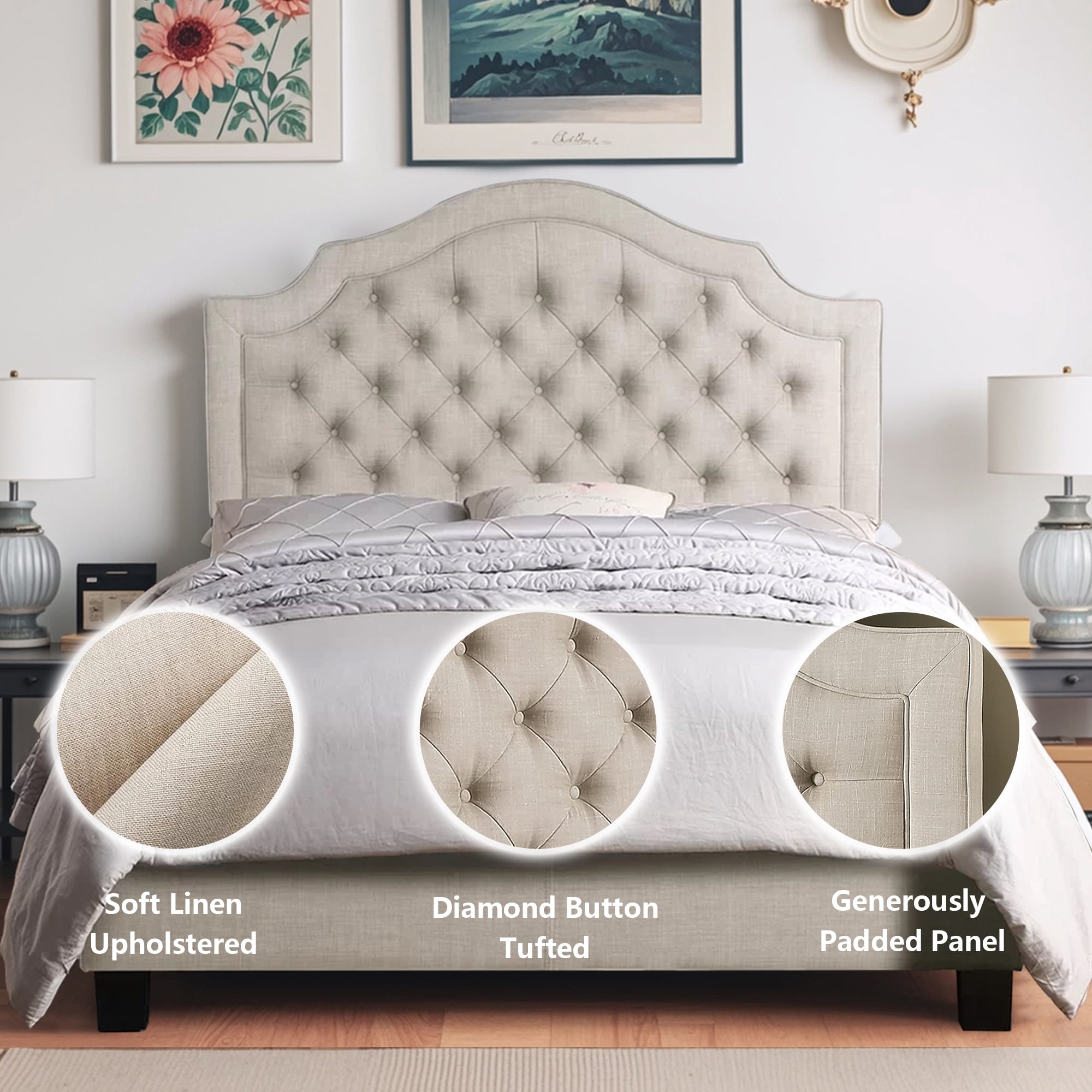 Queen Size Classical Bed Frame with Adjustable Button Tufted Headboard, Fabric Upholstered Platform Bed Frame for Bedroom, Strong Wooden Slat Support, Easy Assembly, Beige