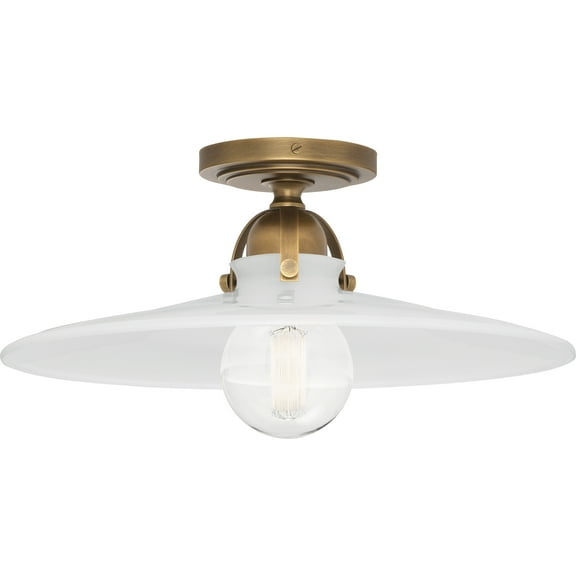 Arial Collection Warm Brass Flushmount Light Fixture with White Glass Shade - Industrial Style Ceiling Lighting for Dry/Damp Locations