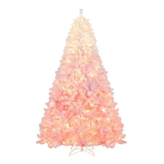 GVN 8ft Artificial Christmas Trees with Warm White LED Lights and 8 Modes, Xmas Decoration Tree for Indoor, Outdoor, Holiday Decor, White & Pink