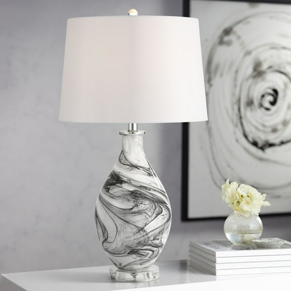 Possini Euro Design Marisa 27 1/2" Tall Modern 3-Way Table Lamp Gray Swirl Finish Art Glass Single White Shade Living Room Bedroom