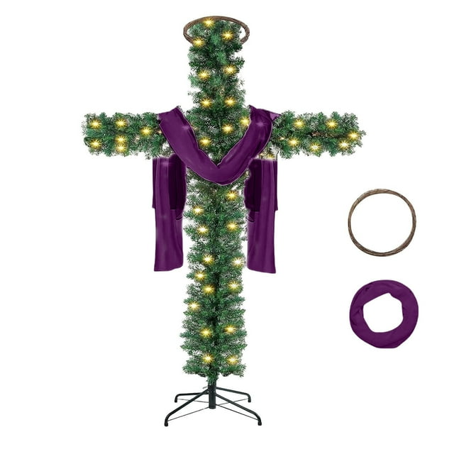 A Cross-shaped Christmas Tree With Lights, Pre-lit, Elongated, Pencil-shaped Artificial Tree, Complete With A Scarf And Christ Crown, Suitable For