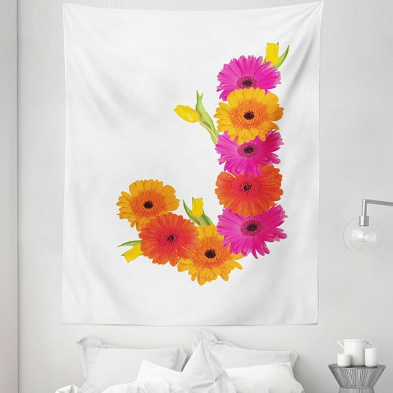 Flower Alphabet Tapestry, Spring Flourish Letter J Along Gerbera and Yellow Tulips, Fabric Wall Hanging Decor for Bedroom Living Room Dorm, 5 Sizes, Marigold Hot Pink and Green, by Ambesonne