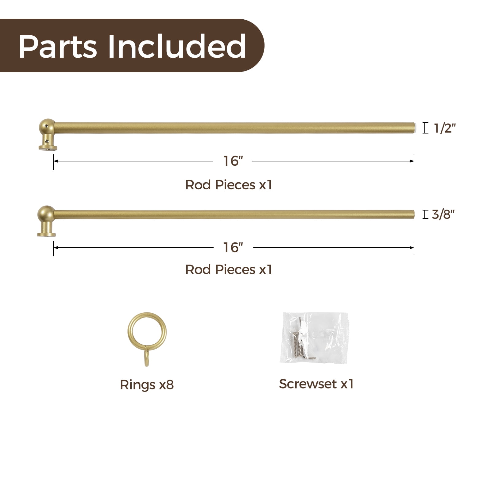 TWOPAGES 18" to 28" Adjustable Gold Cafe Curtain Rod with Rings for Kitchen Bedroom French Door