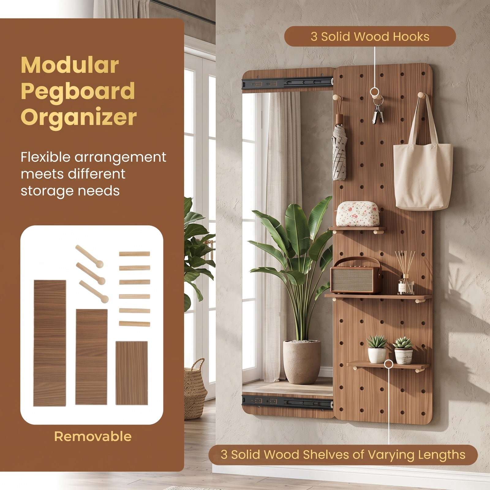 ALPULON Solid Wood Full Length Mirror with Sliding Pegboard, Shelves and 3 Hooks, Wall Mounted HD Floor Mirror for Entryway Bedroom Closet, Brown