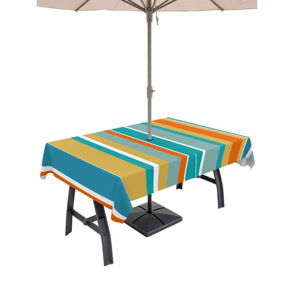 Outdoor Tablecloths with Umbrella Hole & Zipper, Blue Teal Orange Striped 60 x102 Inch Rectangle Tablecloths, Farmhouse Stripe Waterproof Table Cloth, Patio/Pool/Picnic Table Covers
