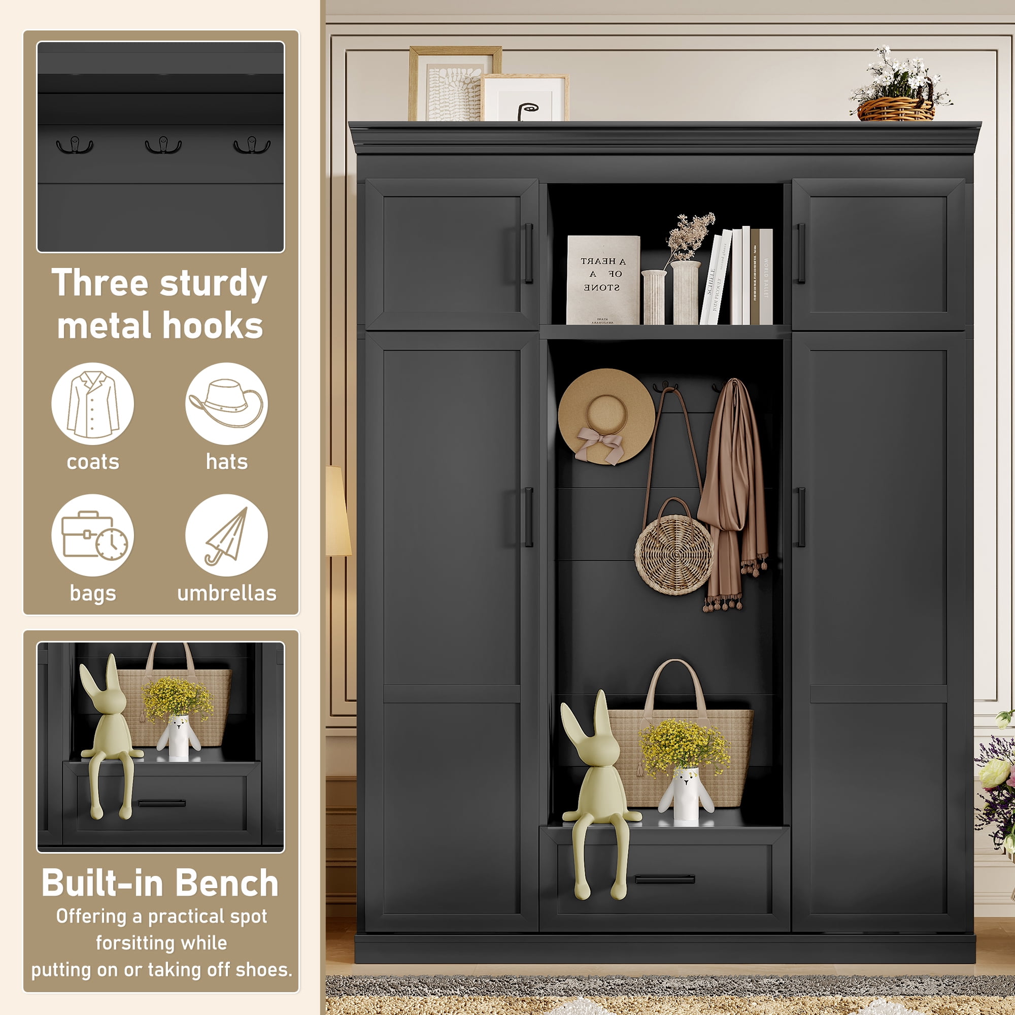Euroco Modern Large Hall Tree with Hooks, Cabinets, Adjustable Shelves, and Seating Bench