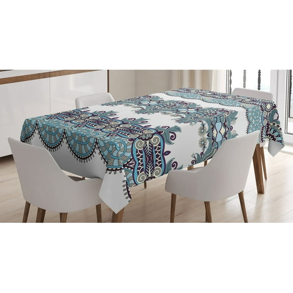 Ambesonne Paisley Tablecloth Rectangular Table Cover, Triplet Design with Stripes, 52"x70", Blue and White