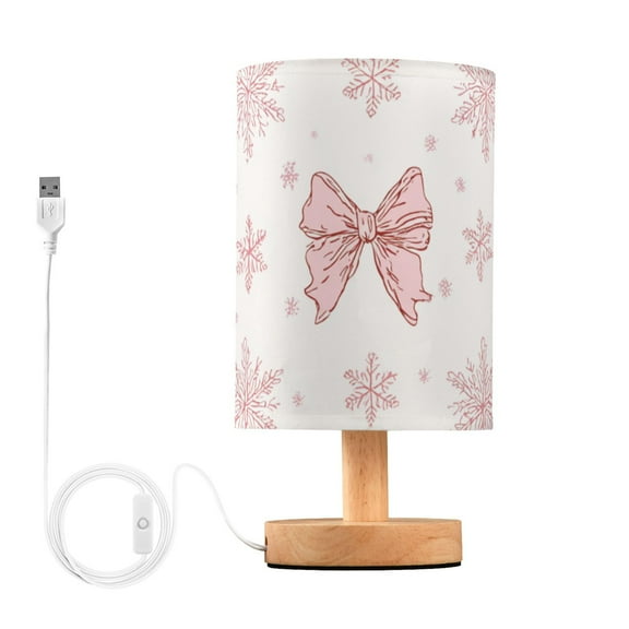 Christmas Pink Bows and Pink Snowflakes Table Lamp with USB Port LED Warm Light Lamp Night Light Home Decor