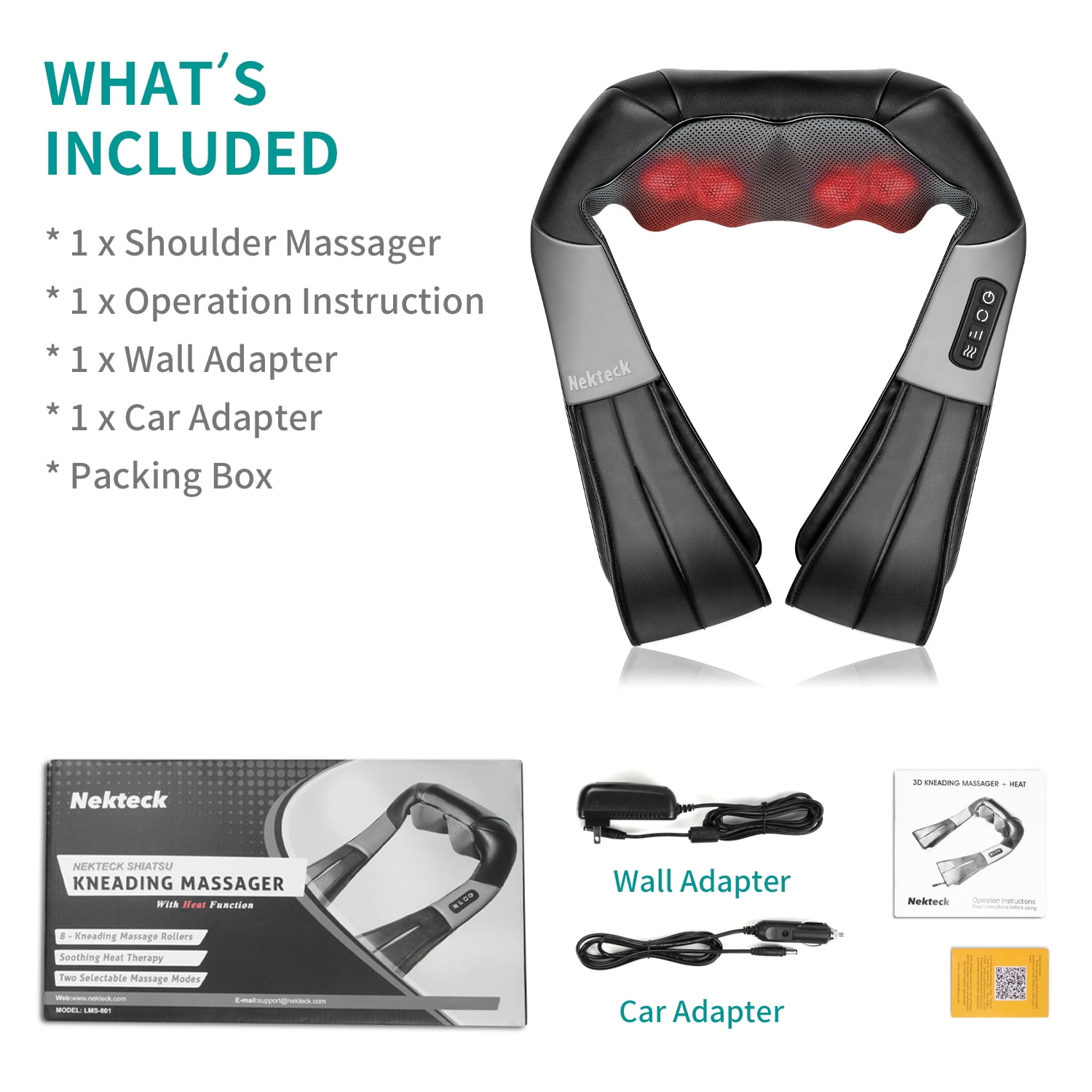 Nekteck Neck Massager with Heat, Deep Kneading Shiatsu Neck and Neck Massager for Pain Relief Deep Tissue, Electric Massage Pillow, Home/Office/Work/Home/School Use, Father Days Gifts(NOT Cordless)