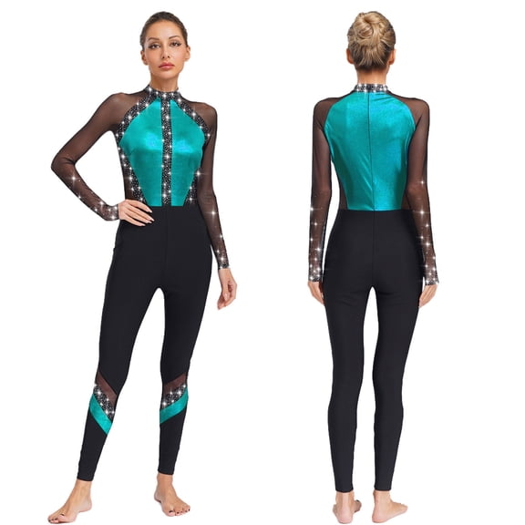 Sholeno Women Gymnastics Unitard Full Length Romper Leotard Sheer Mesh Dance Jumpsuit Tank Ballet Unitard Dancewear Light Blue XL