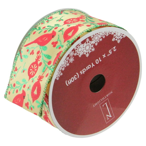 Northlight Club Pack of 12 Green and Ivory Cardinals Wired Christmas Craft Ribbon Spools 2.5" x 120