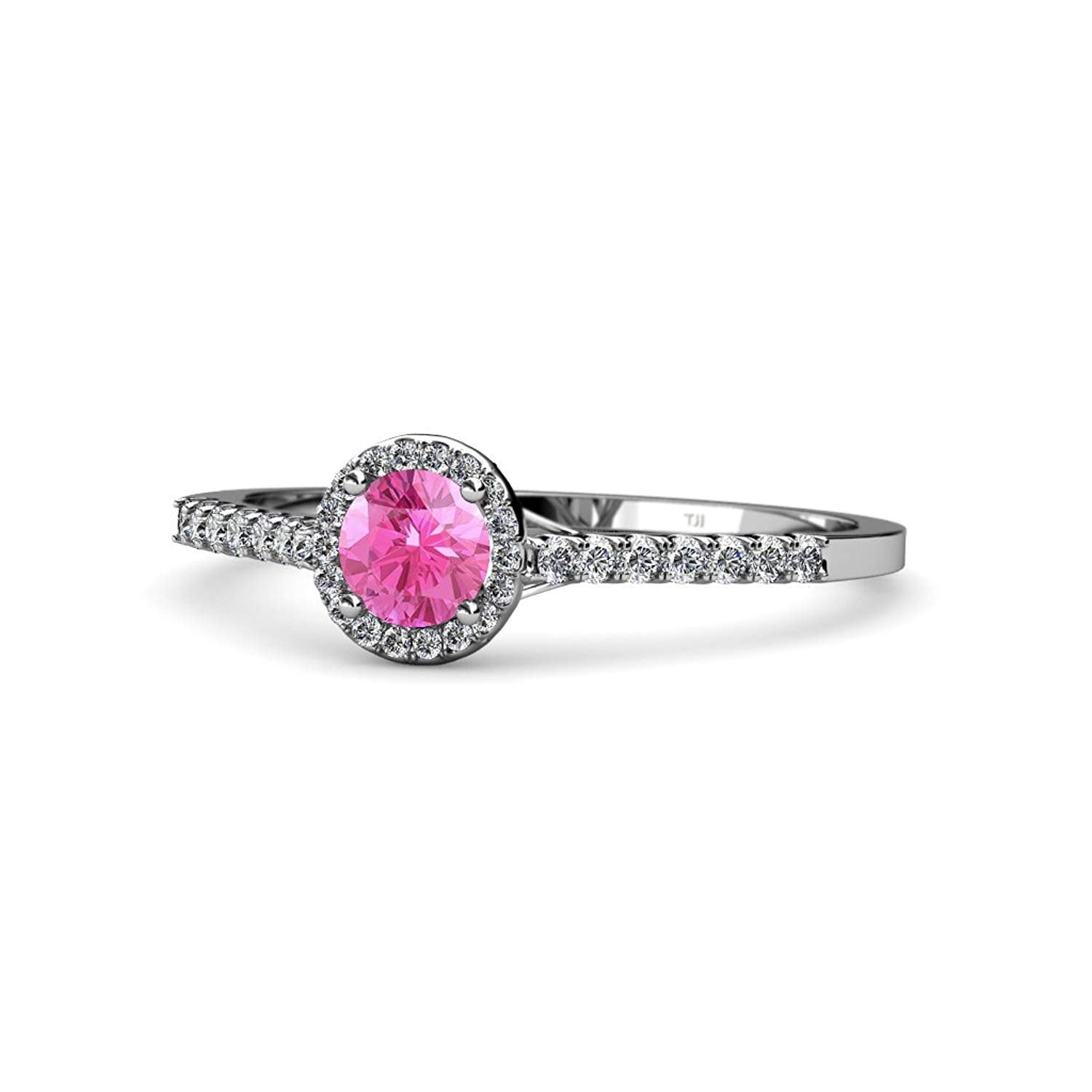 Pink Sapphire and Diamond (SI2-I1, G-H) Halo Engagement Ring 1.00 ct tw in 14K White Gold.size 9.0 by TriJewels