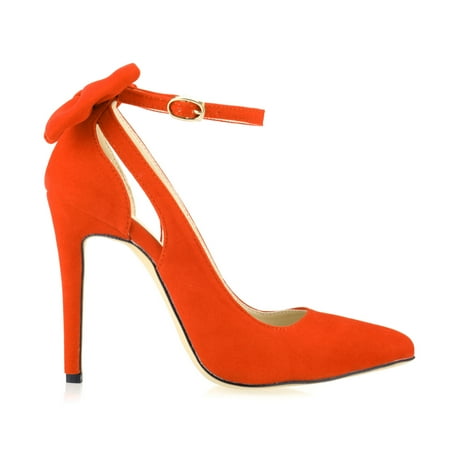 

New Elegant Back Bowtie Buckle High Heels Shoes Woman Ankle Buckle Pointed Black Work Single Shoes Party Red Wedding Women Pumps-Black 6-橙色||35码