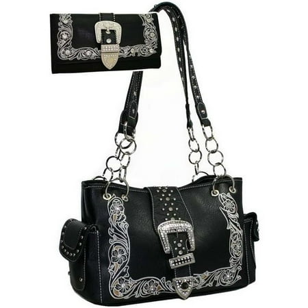 Gold Rush B07WB07SET-BK Western Embriodered Rhinestone Buckle Accent Purse Wallet Set - Black