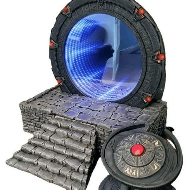 Decorative Night Light Delicate Energy Saving Creative 3D Atlantis Stargate Desk Lamp featuring a detailed resin construction with a Stargate-inspired design. The lamp includes a circular portal with intricate symbols and a glowing blue light effect, set on a textured stone-like base with steps. Suitable for home decor, bedrooms, or as a gift for movie enthusiasts. Dimensions are 20cm in length, 10cm in width, and 16cm in height.