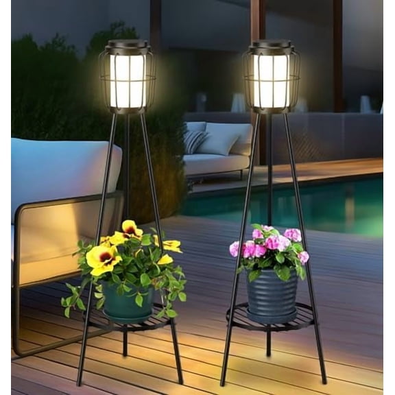 2 Pack Solar Lights with Plant Stand, Outdoor Floor Lamps, Waterproof Solar Powered Floor Lamps for Patio Deck Porch Yard Garden Decor
