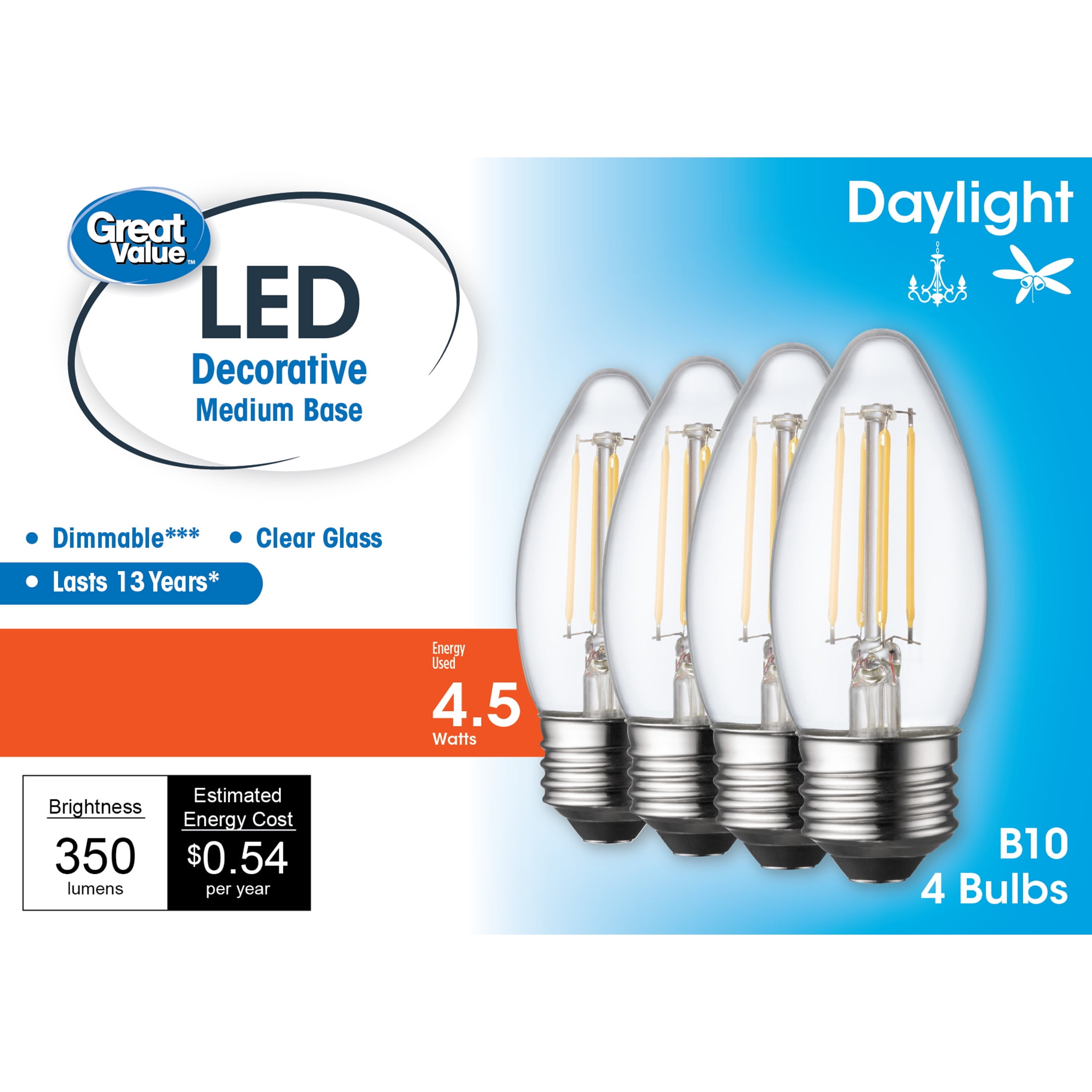 Great Value LED Light Bulb, 4.5W (40W Equivalent) B10 Deco Lamp E26 Medium 4-Pack - Walmart.com