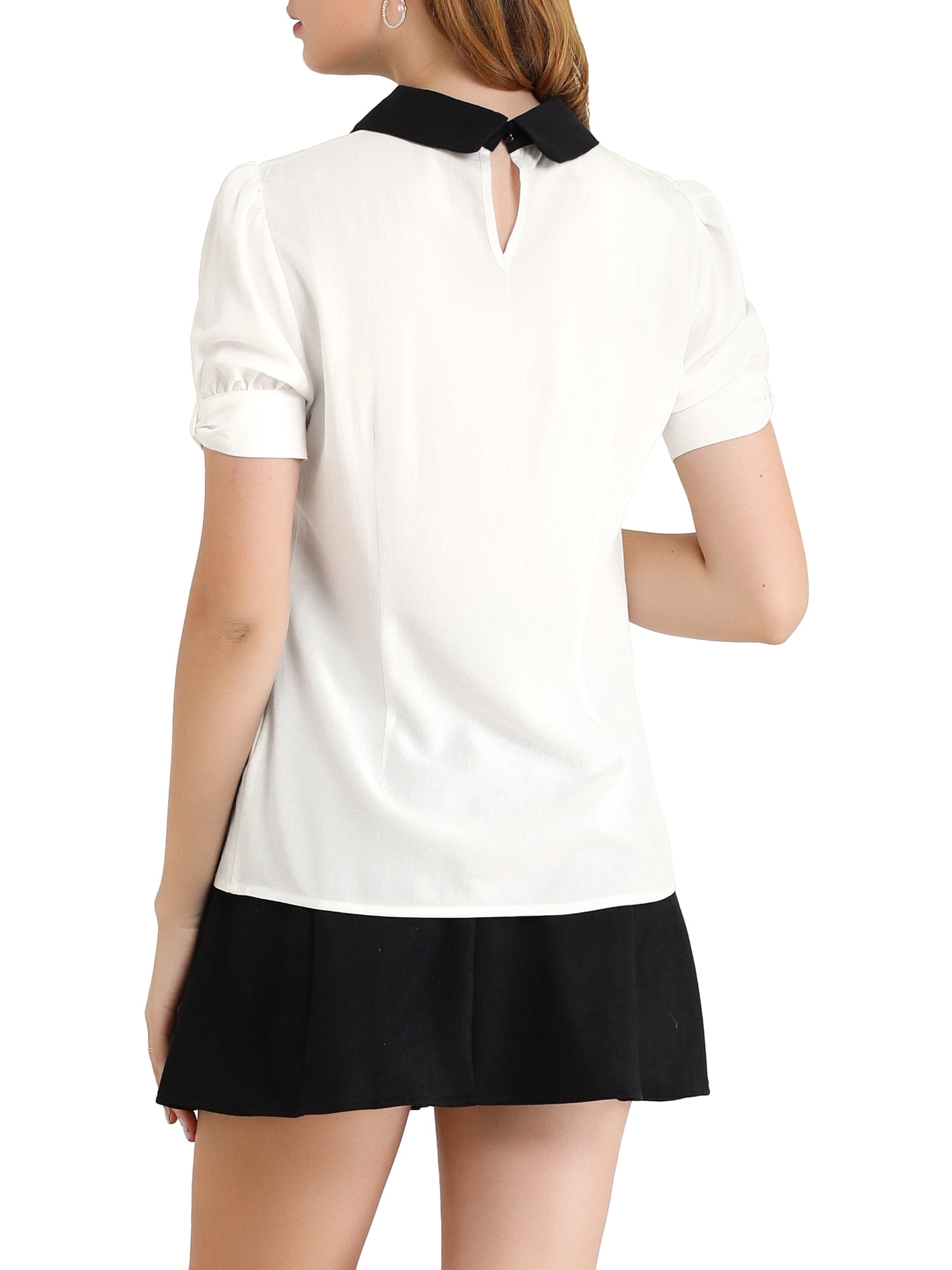 DARING DIVA Peter Pan Collar Contrast Puff Blouse Top M White