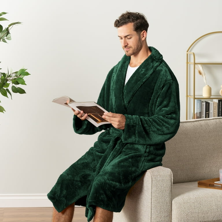 PAVILIA Mens Soft Robe Plush Fluffy Fleece Bathrobe for Men Long Sherpa Spa Robe with Shawl Collar Green L XL